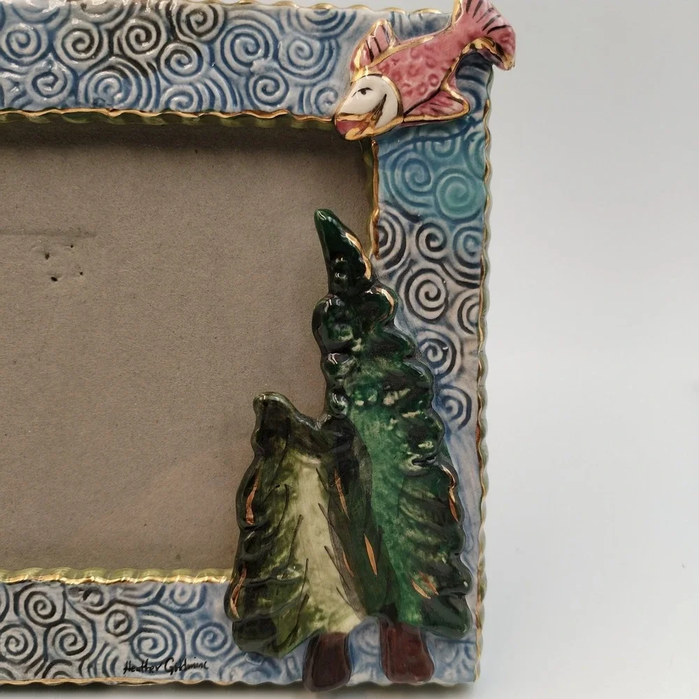 Vtg 2003‎ Blue Sky Clayworks Heather Goldminc Bear Fish Tree Ceramic Photo Frame